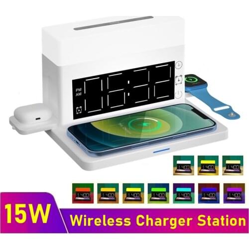 48W Multi USB Fast Charger QC3.0 Wireless Charger Lcd With Clock for IPhone 8 11 12 Pro Max Charging Station For Samsung Xiaomi