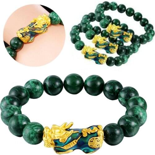 Green Stone Beads Bracelet Men Women Unisex Chinese Feng Shui Pi Xiu Obsidian Wristband Gold Wealth & Good Luck Pixiu Bracelets