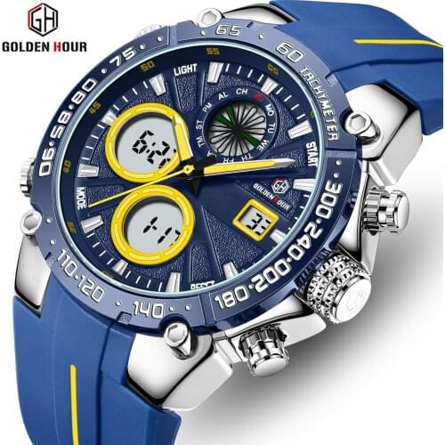 Top Brand GOLDENHOUR Men Watch Fashion Luxury Dual Display Quartz Wristwatch Analog Digital Sports Clock Relogio Masculino