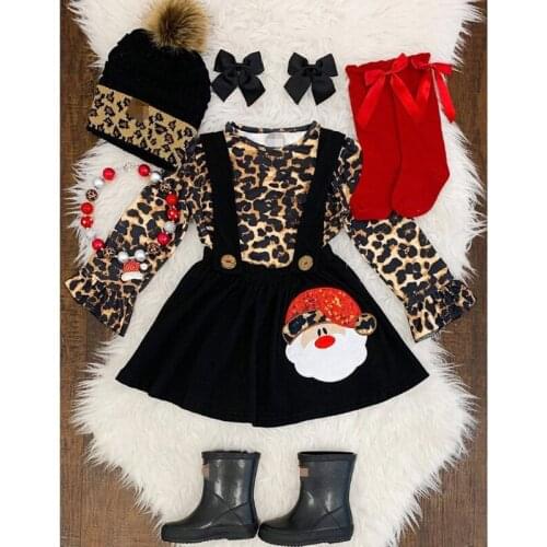FOCUSNORM 2pcs Christmas Baby Girls Clothes Sets 0-24M Leopard Long Flare Sleeve T Shirts Tops Santa Suspender Skirt