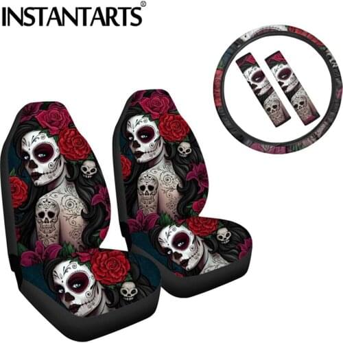 INSTANTARTS Gothic Skull Girls Print 5pcs/Set Vehicle Seat Protector Washable Car Seat Belt Pads Cover Car Steering Wheel Cover