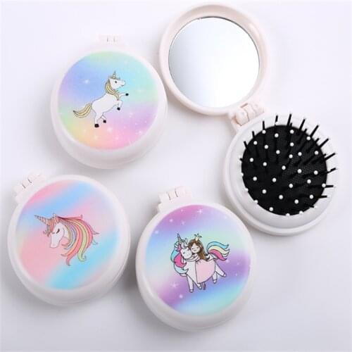 Compact Portable Folding Comb Portable Travel Comb Air Bag Massage with Mirror Unicorn Pony Air Bag Comb