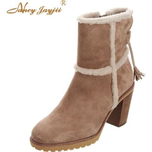 Brown Flock High Chunky Heel Plush Snow Boots 2021 Winter Women’S Office Party Zipper Ankle Booties Girl Street School Shoes