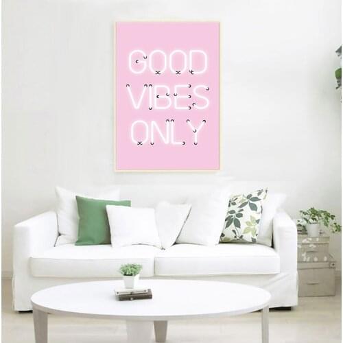 Good Vibes Only Quote Print Neon Lights Sign Inspirational Poster Pink Positive Quotes Wall Art Canvas Painting Home Room Decor