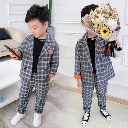 Boys Autumn Casual Plaid Dress Suit Set Childrens Plaid Double Breasted Blazer Pants Clothes Set Kids Party Wedding Coustume