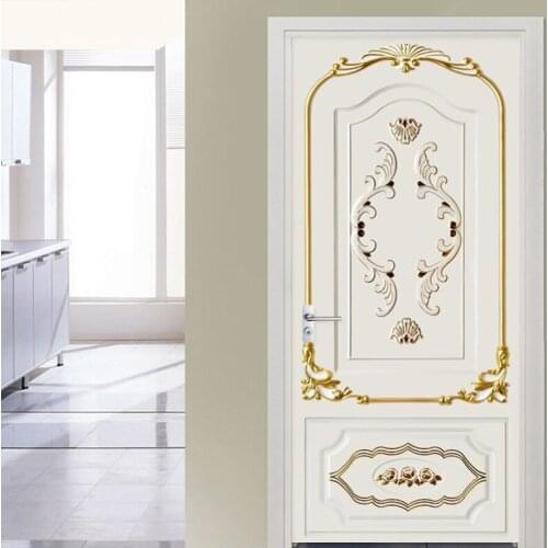 PVC Door Sticker Modern 3D Golden European Style Plaster Pattern Mural Wallpaper Self-Adhesive Waterproof Luxury 3D Door Poster