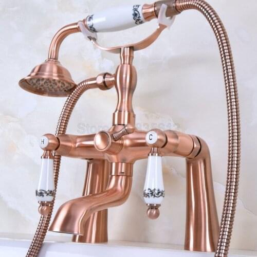 Antique Red Copper Deck Mounted Bathtub Faucets Bathroom Basin Mixer Tap With Hand Shower Head Bath & Shower Faucet tna176