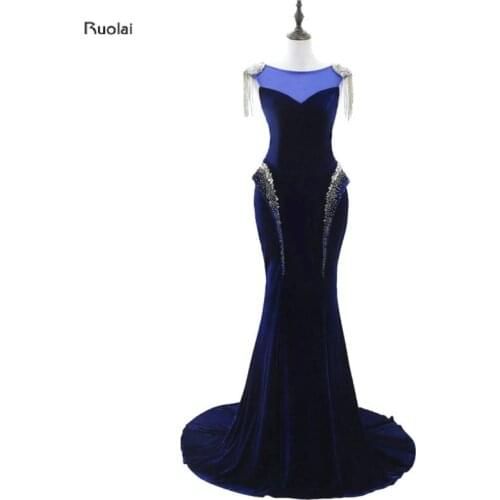 In Stock 2017 Real Sample O-Neck Beading Crystal Tassel Velour Velet Mermaid Evening Dresses For Wedding Party Prom Party Dress