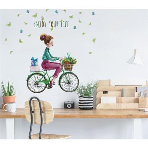 Flower Girl and Bike Wall Sticker Buttefly Wall Decal Bedroom Hallway Background Room Vinyl Home Decor Peel and Stick Wall Tile