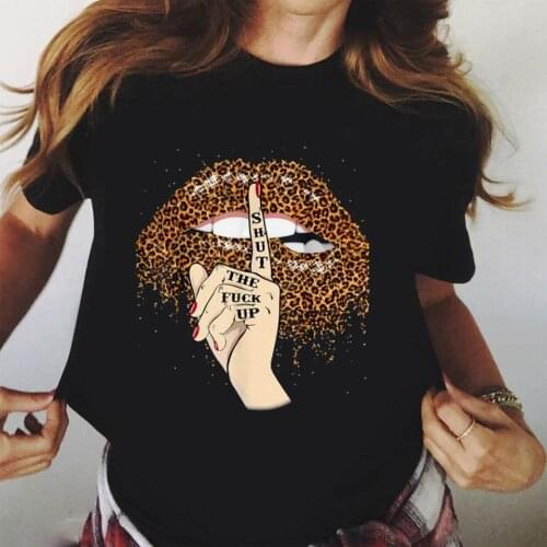 2020 Lips Leopard Graphic T Shirt lip Women Tops Shirt Base O-neck camisa leopard Black Tees Kiss Leopard Lip Funny Girls Tshirt