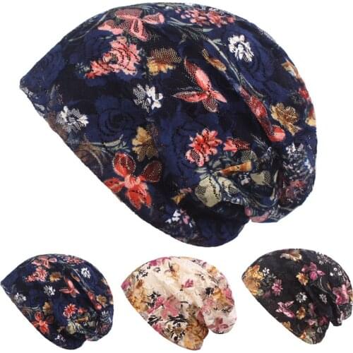 Women’s Baggy Hat Elegant Lace Floral Beanie Caps Slouchy Summer Thin Hats HATCS0372