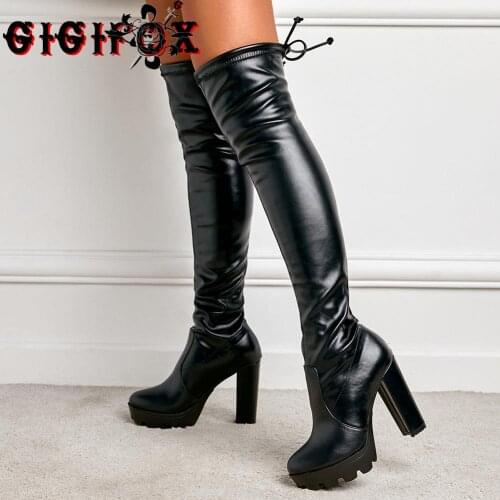 GIGIFOX Fashion Shoes Winter Long Boots Women Big Size 42 Sexy Goth Elastic Platform Block High Heels Modern Ladies Party Boots