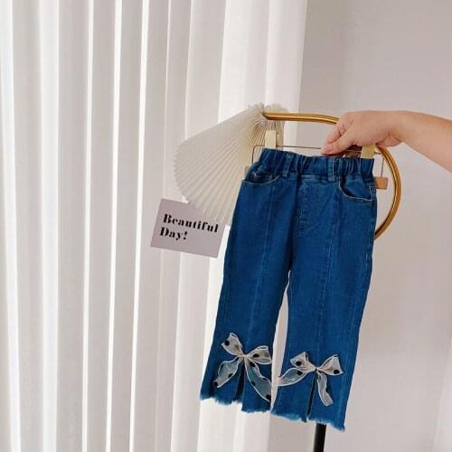 2-7T Jeans For Girls Elegant Bow Cute Denim Pants Sweet Bowknot Stretch Lovely Spring Child Trousers Toddler Kid Baby Steetwear