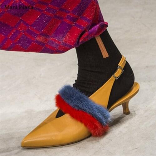 Mixed Colors Fur Decoration Women Pumps Brand Design Real Hair Runway Ladies Slingbacks Pointed Toe V Shape Women Party Shoes