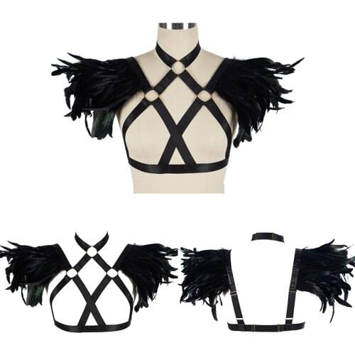Harajuku Harness Women Belt Natural Feathers Accessories Tops Halloween Carnival Exotic Costume Punk Goth Suspender Underwear
