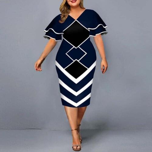 Women Bodycon Dress Plus Size Positioning Geometric Layered Flare Sleeve Autumn V Neck Formal Mid-calf Dress for Evening Party