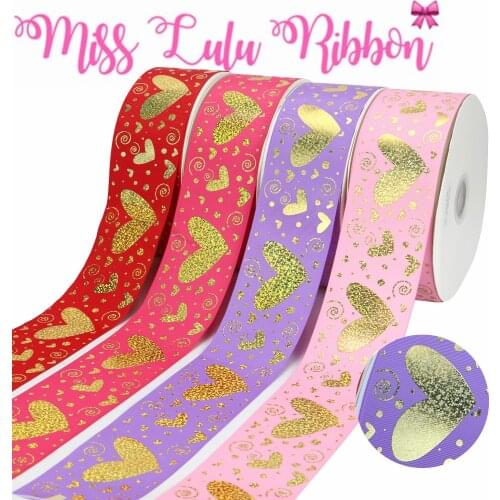 3"75mm Hologram Gold Foil Heart Solid Grosgrain Ribbon DIY Bowknots Hair Band Making Valentines Day 50yards/roll