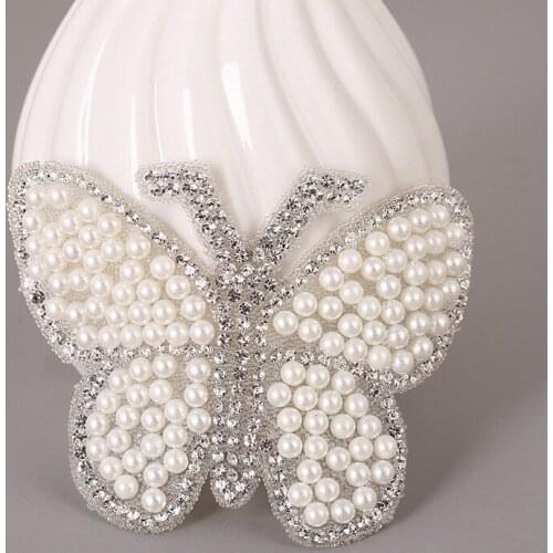 White Pearl Beaded Butterfly Embroidery Appliques Sew Hot-Fix Patches for Clothing Diy Rhinestones Iron on Stickers Appliques