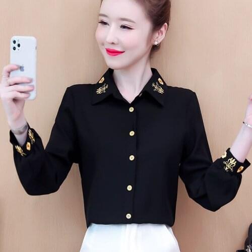 Blouse Women Solid Color Embroidered Chiffon Shirt Womens Long-Sleeved Shirt Autumn Loose Blusas Mujer De Moda