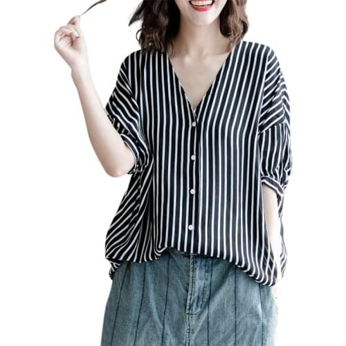 Oversized Loose Striped Women Shirts 2021 Summer New V-neck Lantern Sleeved Loose Office Lady Elegant Shirts Outwear Coat Tops