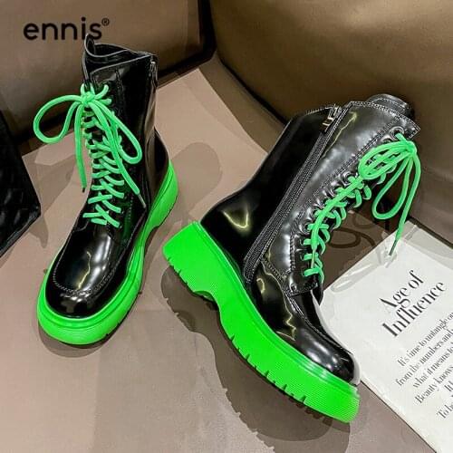 ENNIS Brand Autumn Platform Shoes Genuine Leather Boots For Women Martin Boots Zip Up Shoes Lace Motorcycle Boot Thick Sole B108