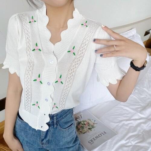 Floral Embroidery Knitted Sweater Tops 2021 New Summer Autumn Vintage Knit Cardigan Short Sleeve Sweater Coat Female Tops