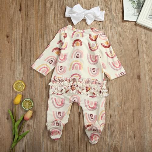 2020 Spring Autumn Baby Clothing Newborn Baby Girl Outfit Long Sleeve Footies Rainbow Printed Clothes Ruffled Zipper Jumpsuit