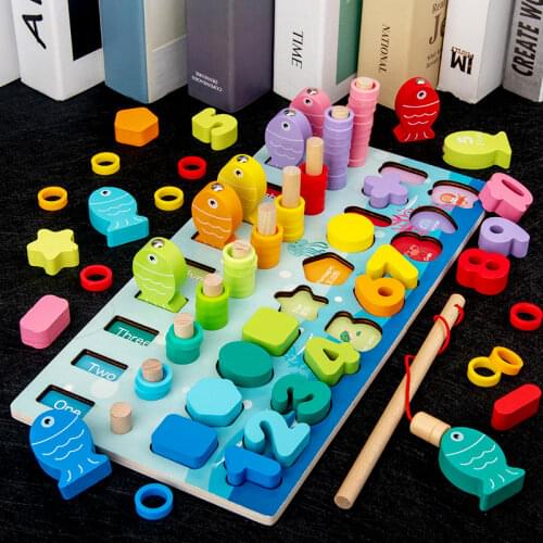 Wooden Montessori Educational Toys Five In One Math Fishing Busy Board Counting Geometry Preschool Montessori Children Toys