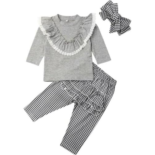 Toddler Kids Baby Girl Clothes Ruffle Long Sleeve Tops + Plaid Pants +Headband 3Pcs Outfits Autumn Clothes Set