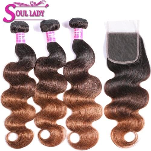 Ombre Peruvian Body Wave Bundles With Closure Three Tone Color 1b/4/30 Non Remy 100% Ombre Hair Extension Weft With Closure