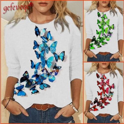 Fresh Fashion Butterfly Print Women T-shirt Long Sleeve Round Neck Streetwear Casual Harajuku Top Cotton Girl Tees Clothes Femme