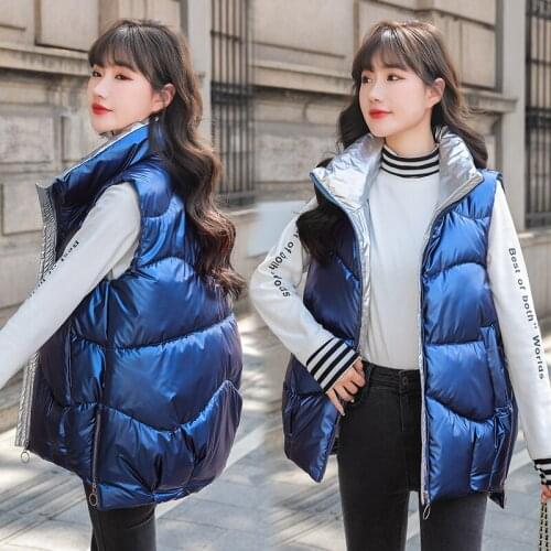 Glossy Autumn Winter Casual Solid Womens Vest Jacket Stand Collar Cotton Padded Waistcoat Female Shiny Bright Sleeveless Vest