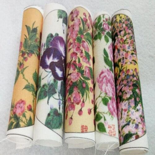 Pretty Zakka 5pcs Blooming Flowers Designs Cotton Linen Fabric Bundle For DIY Sewing Coin Bag
