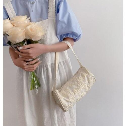 Fashion Women Handbag Canvas Shoulder Bag Knitted Flower Clutch Round Tote Zipper Closure Retro Cloth Underarm Bags G5AE