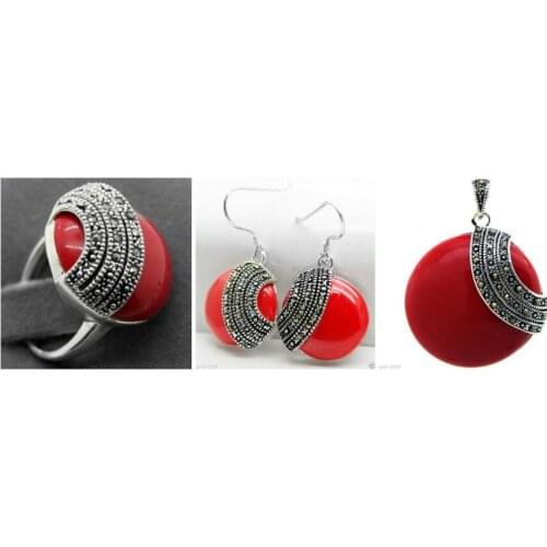 Fashion jewelry Free Shipping Fashion designed Red Carved Lacquer Marcasite 925 Sterling Silver Ring(#7-10) Earrings & Pandent