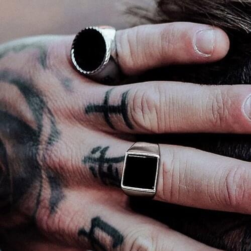 Gothic Punk Rings for Men, Round Square Top Stamp Finger Band, Chunky Boys Teens Rock Jewelry