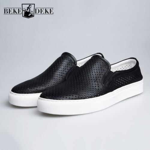 2020 Men Summer Shoes Hollow Flats Loafers Cow Leather Moccasins High Quality Casual Beach Shoes Plus Size White Black Footwear