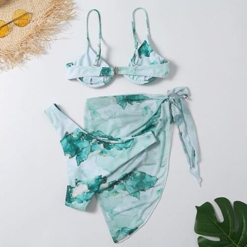 New Sexy Marble Print Push Up bikini Women Swimsuit Female Swimwear 3-piece Bikini set V-Bar Wired Short Skirt Bathing suit Swim