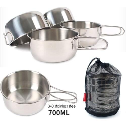 Camping Outdoor Tableware Stainless Steel Bowls 700ml Folding Cooking Set Hiking Taveling Cookware With Net Bag Fit 4-6 People