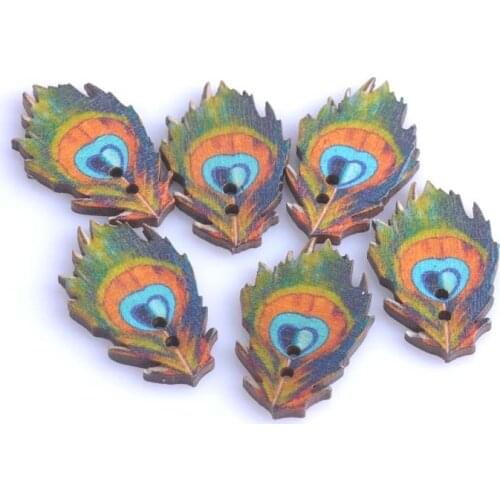 22x34mm 100pcs Multicolor Wooden Cute Peacock Feathers Wooden Decorative Buttons For Scrapbooking Handmake DIY Accessory MT0091