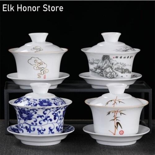 Blue And White Ceramic Large Cover Bowl Teacup Creative White Porcelain Tea Bowl Custom Kung Fu Tea Set Sancai Cover Bowl