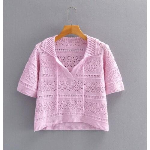 JC·KILIG Jacquard Mesh Hollowed-Out Knitted Short Sleeves L3153