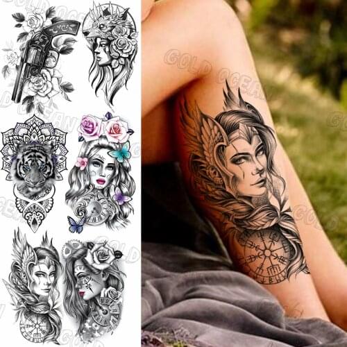 Compass Knight Temporary Tattoos For Women Adults Realistic Rose Flower Tiger Gun Wolf Fake Tattoo Sticker Thigh Arm Tatoos