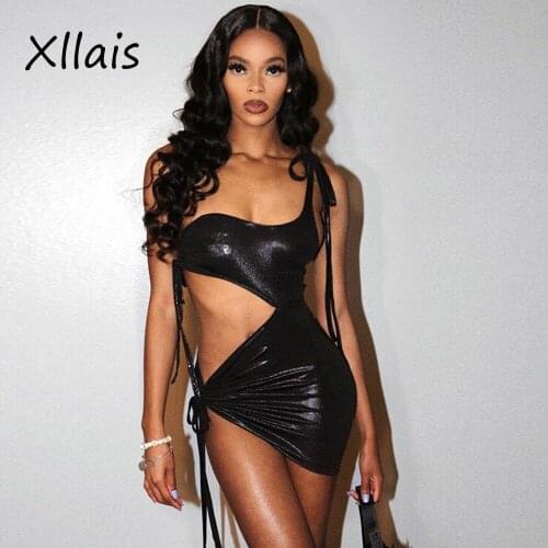 XLLAIS 2021 Summer New Style Drawstring Dresses For Women Sexy Sleeveless Bodycon Slim Vestidos Femme Stretchy Black Club Robe