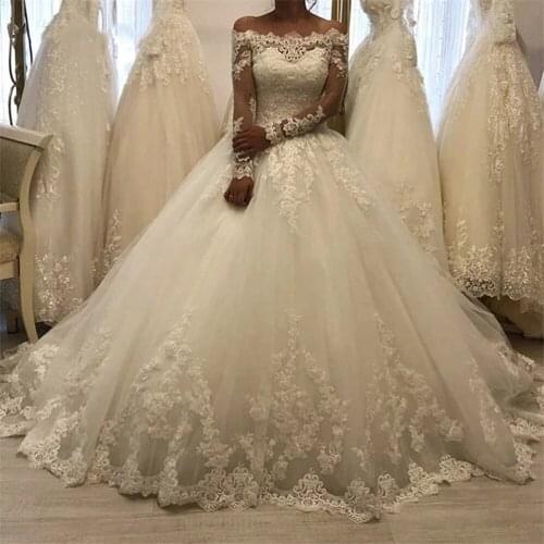 YIWUMENSA Robe De Marriage Boat Neck Princess Ball Gown Wedding Dresses Long Sleeves Appliques Beaded Sweep Train Bridal Gowns