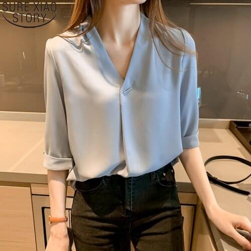 Office Lady Chiffon Shirt Summer Fashion Short Sleeve Women Blouses 2021 New V-neck Loose Thin Vintage Tops Blusas Mujer 15375
