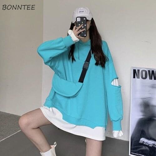 With Hat Hoodies Women Loose All-match Chic Streetwear Patchwork Leisure Female Sweatshirts Korean Style Autumn Harajuku Newest