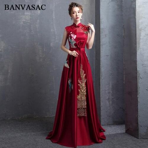 BANVASAC Crystal High Neck Lace Appliques Long Evening Dresses Satin A Line Bow Sash Backless Party Prom Gowns