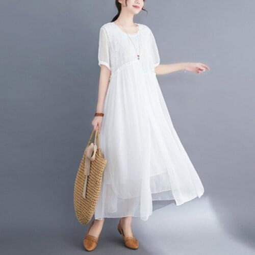 Plus Size Summer Korean Round Neck Embroidered Long Dress Woman 2021 New Fashion Loose Mesh Chiffon Pure Color Skirt Female A921