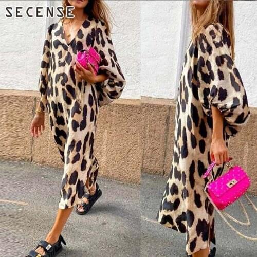 Women Leopard Print Dress v Neck Lantern Sleeve Loose Maxi Dresses Vintage Chic Autumn Ladies Clothes SECENSE